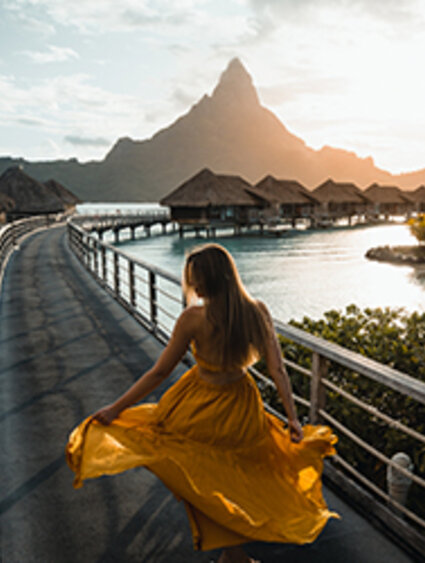Bora Bora sunset with OW bungalows Bora Bora sunset